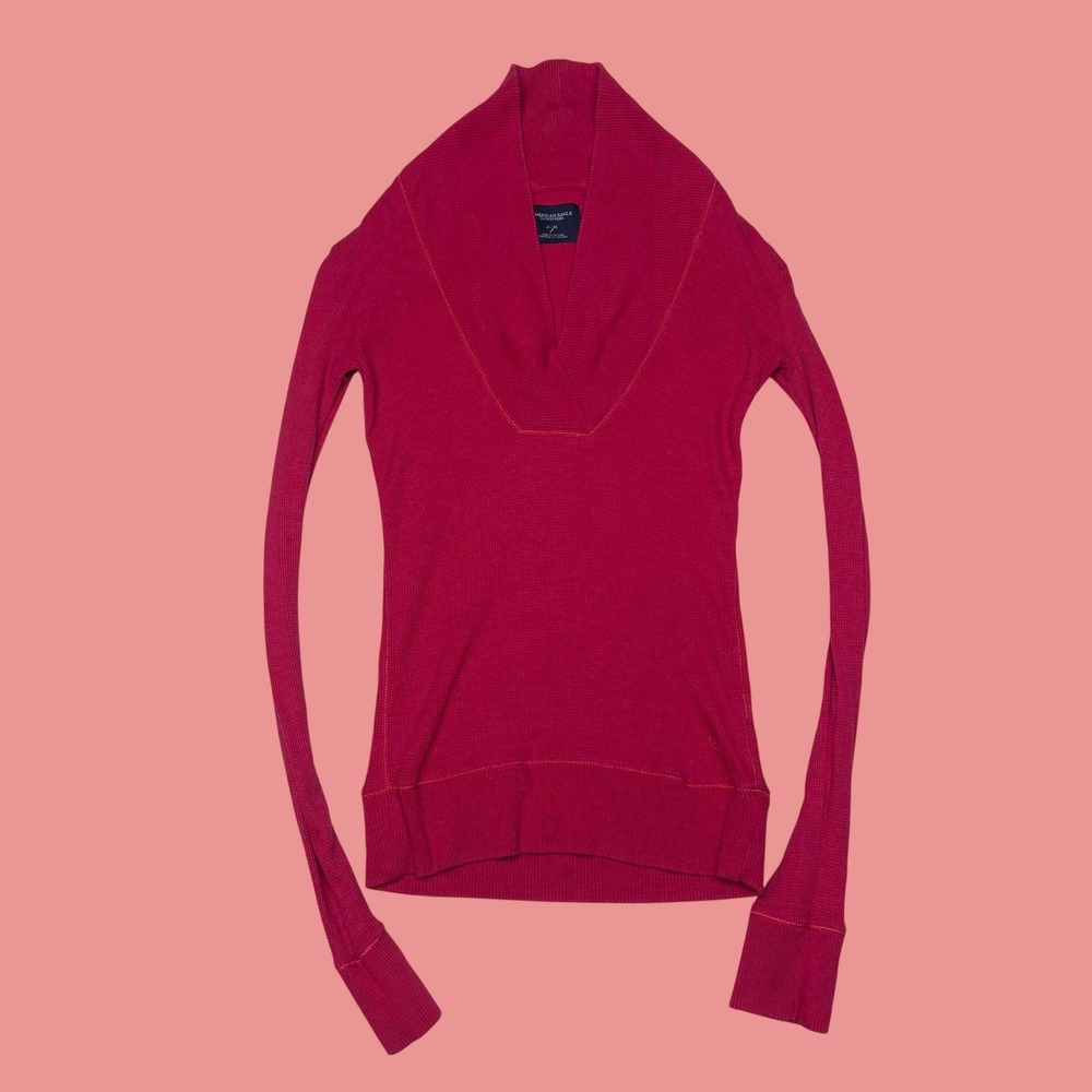 American Eagle Outfitters Pink Thermal Waffle Knit V-Neck Long Sleeve Top S